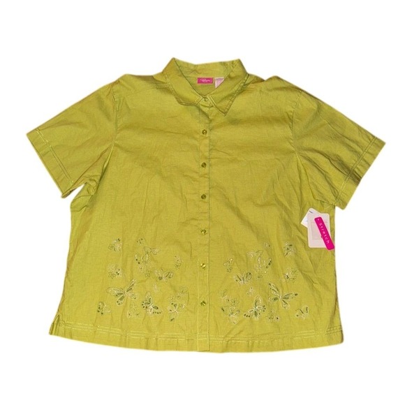 Pappagallo linen Woman 2X Lime Green S/S Button Blouse Vtg preppy beach grandma - Picture 1 of 6